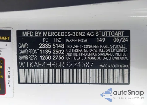 2024 Mercedes-Benz C 300 из США, поврежденный, VIN W1KAF4HB5RR224587
